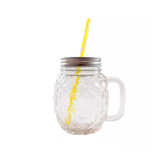 Pineapple Mason Jars c/Asa Transparente 12oz con Tapa y Popote de Plástico Paquete con 6 Frascos (350 ml)