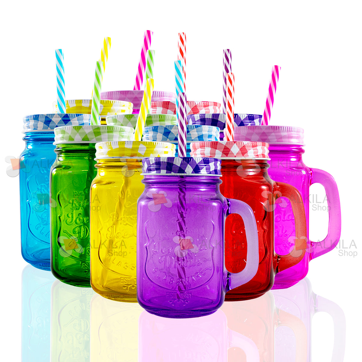 Tarro Vidrio Drinking Jar de 480 ml con Tapa y Popote Colores JMX