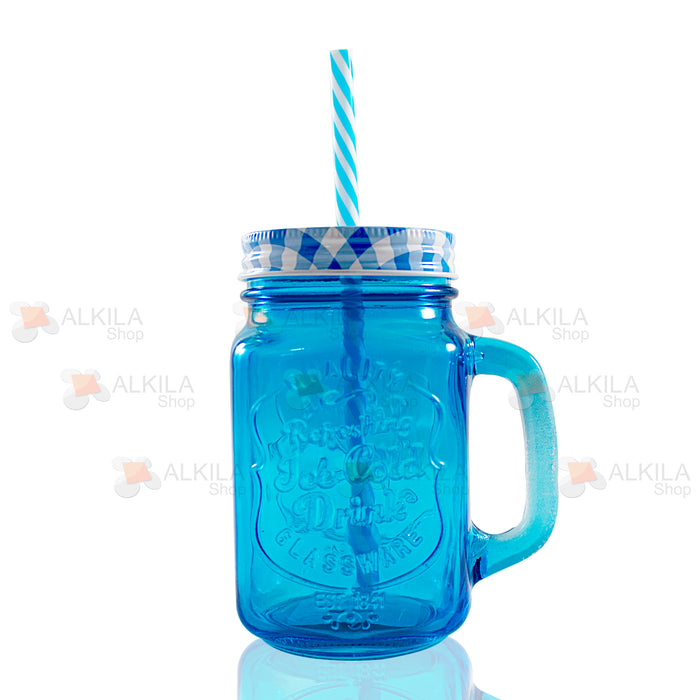 Ice Cold Drink c/Asa Azul 16oz con Tapa Mantel y Popote (12 pzs)