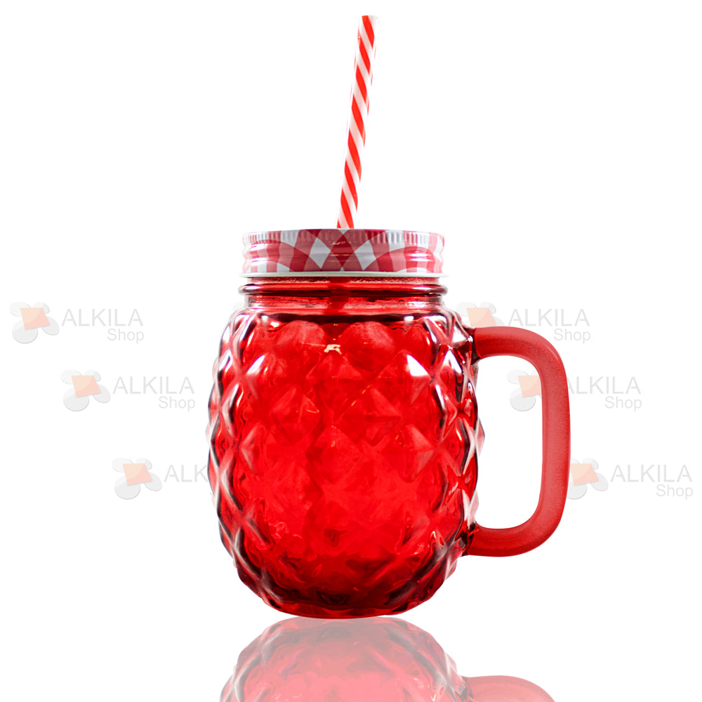 Pineapple Mason Jar Rojo c/Asa 16oz con Tapa y Popote (473 ml)