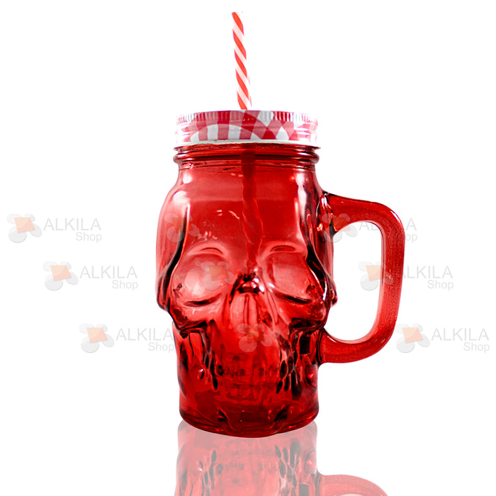 Skull Mason Jar Rojo c/Asa 16oz con Tapa y Popote (473 ml)