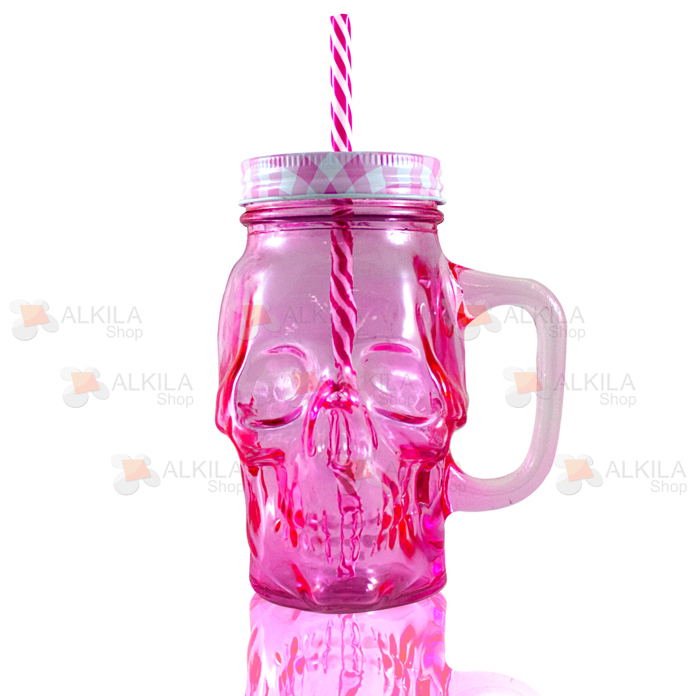 Skull Mason Jar Rosa c/Asa 16oz con Tapa y Popote (473 ml)